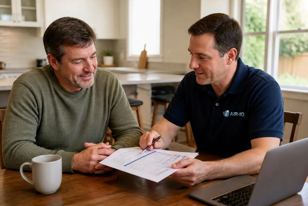 A homeowner and an AirIQ advisor reviewing a printed HVAC installation quote together at a kitchen table