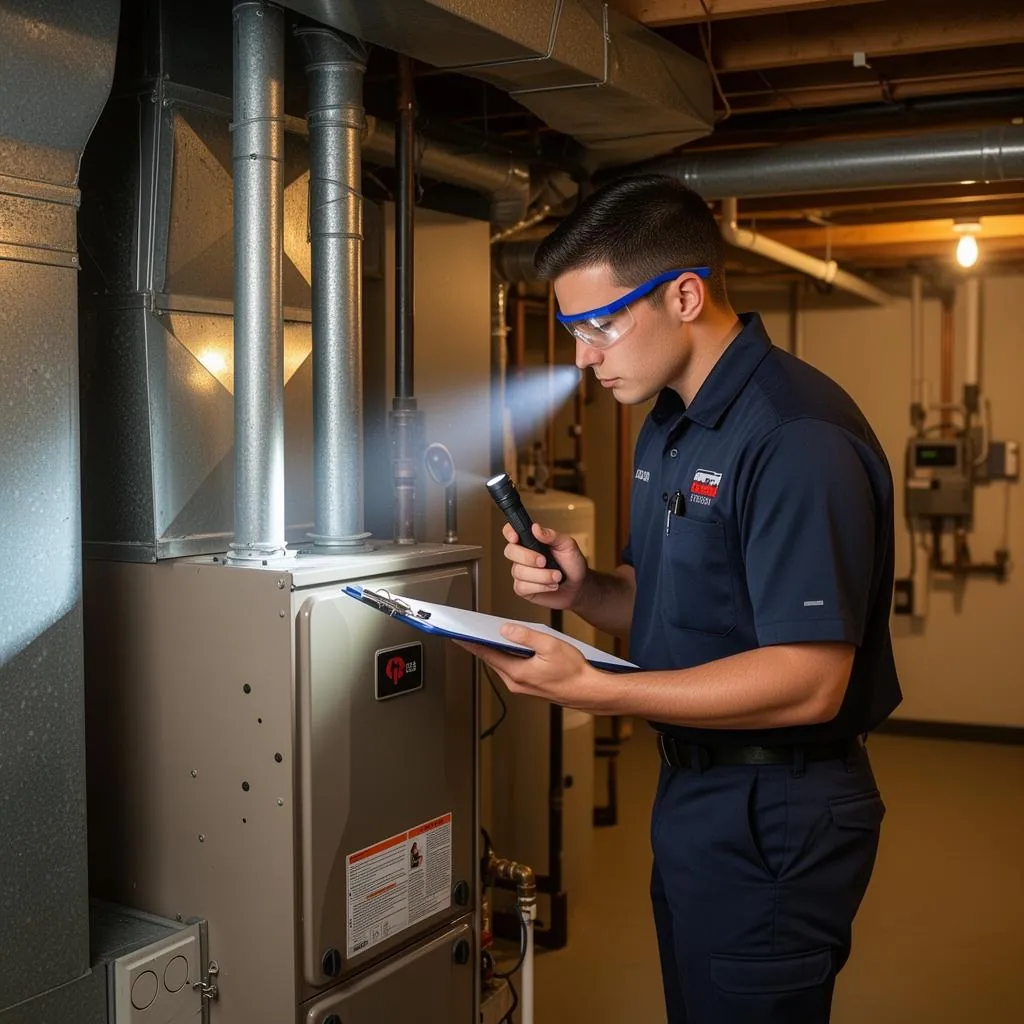 Technician inspecting indoor furnace
