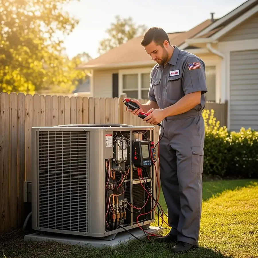 HVAC technician servicing heat pump unit